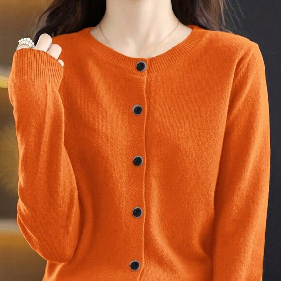 Orange Casual Women's Round Neck Front Button Cardigan - Picture 5 of 6